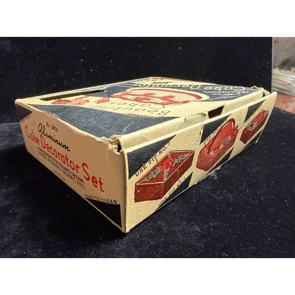 Vintage Aluminum Cake Decorator Set- Icing Syringe, 6 Metal Tips, Original Box